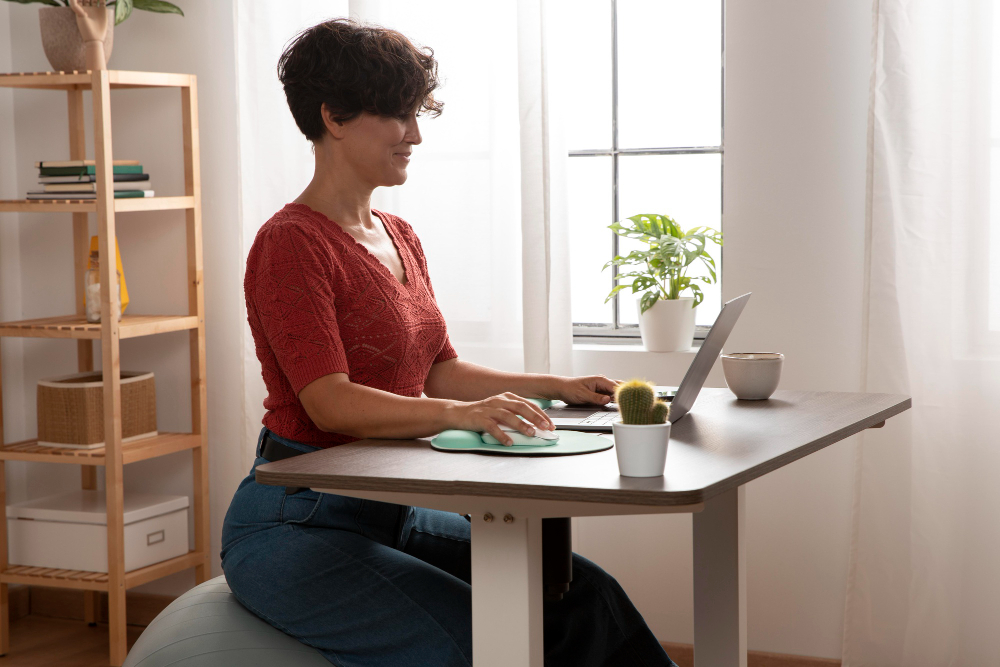 A woman sitting at a desk in her home office, focused on her laptop while working remotely